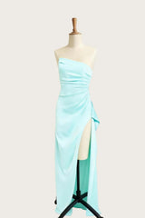Asymmetric Strapless Light Blue Satin Slit Dress