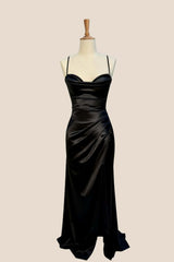 Black Satin Straps Ruched Fitted Prom Dress