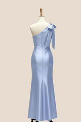 Light Blue One Shoulder Bow Bridesmaid Dress
