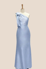 Light Blue One Shoulder Bow Bridesmaid Dress