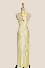 Halter Yellow Soft Satin Fitted Long Dress
