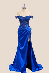 Lace Off the Shoulder Royal Blue Satin Mermaid Dress