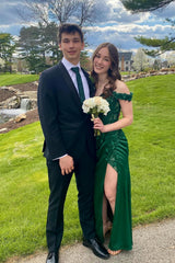 Lace Off the Shoulder Green Satin Mermaid Dress