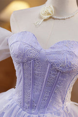 Off the Shoulder Lavender 3D Floral A-line Short Dress