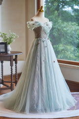 Off the Shoulder Mint Green Beaded Long Dress