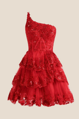 One Shoulder Hot Pink Sequin Tiered Short Dress