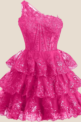 One Shoulder Red Sequin Tiered Short Dress