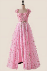 Pink Floral Cap Sleeves Long Formal Dress