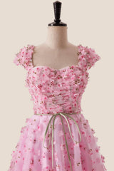 Pink Floral Cap Sleeves Long Formal Dress
