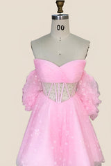 Pink Tulle Short Dress with Floral Print