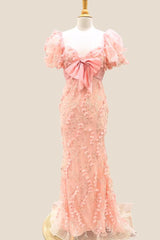Puff Sleeves Blush Pink 3D Floral Long Dress with Bow