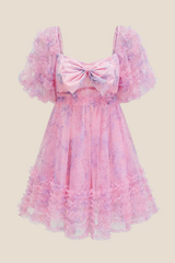 Puff Sleeves Pink Printed Short Dress with Bow