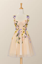 3D Floral Champagne Tulle Short Dress