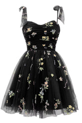 Black A-line Floral Short Princess Dress