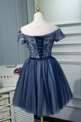 Off the Shoulder Short Sleeves Navy Blue Tutu Party Dress