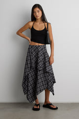 ASYMMETRICAL DRAPED PLAID MIDI SKIRT