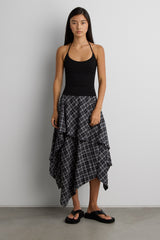ASYMMETRICAL DRAPED PLAID MIDI SKIRT