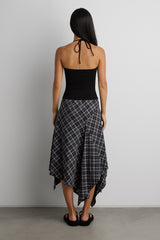 ASYMMETRICAL DRAPED PLAID MIDI SKIRT