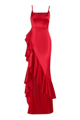 Square Neck Red Ruffle Long Dress