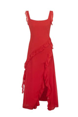 Square Collar Red Ruffle Long Dress with Slit