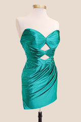 Strapless Green Pleated Short Dress with Keyhole