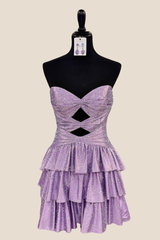 Strapless Lilac Beaded Tiered Short Dress with Keyhole