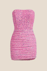 Strapless Fuchsia Bodycon Sequin Short Dress