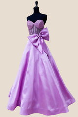 Strapless Purple Beaded Long Dress with Bow