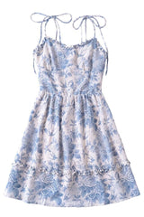 Tie Shoulder Blue Floral Printed Short Dress