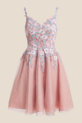 V-neck Blush Pink Appliques A-line Short Dress