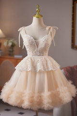 V-neck Champagne Appliques Tulle Short Dress