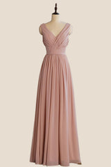V Neck Blush Pleated A-line Long Dress