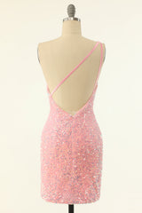 One Shoulder Pink Sequin Bodycon Mini Dress