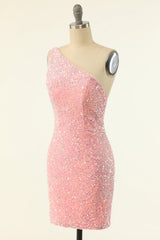 One Shoulder Pink Sequin Bodycon Mini Dress