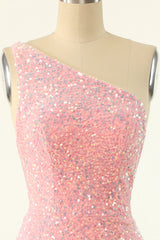 One Shoulder Pink Sequin Bodycon Mini Dress