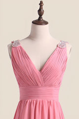 Blush Chiffon Pleated V Neck Long Bridesmaid Dress