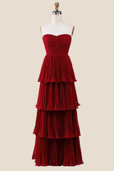 Strapless Burgundy Pleated Tiered Long Party Dress