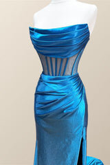 Ruched Cowl Neck Blue Satin Mermaid Formal Dress