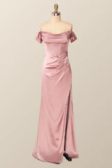 Off the Shoulder Blush Mermaid Long Party Dress with Slit