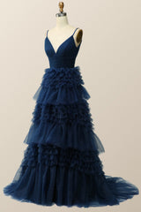 Light Blue Tiered Ruffle Long Ball Gown with Straps