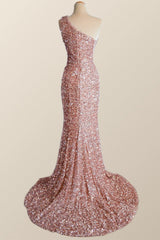 One Shoulder Rose Gold Sequin Mermaid Long Party Dress