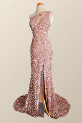 One Shoulder Rose Gold Sequin Mermaid Long Party Dress
