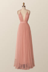 Plunge Pink Tulle A-line Long Formal Dresss