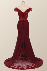 Off the Shoulder Burgundy Mermaid Long Formal Dress