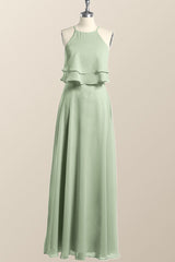 Sage Green Chiffon Ruffles Chiffon Long Bridesmaid Dress