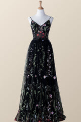 Black Floral V Neck Long Formal Dress