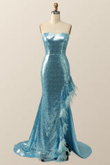 Strapless Blue Sequin Mermaid Long Formal Dress