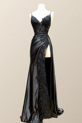 Straps Black Appliques Long Formal Dress with Slit