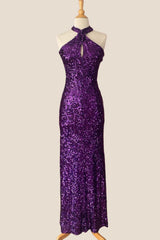 Halter Purple Sequin Sheath Long Party Dress