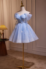 Off the Shoulder Blue A-line Short Princess Dress